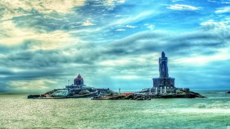 the past, valluvar statue, daytime, 1080P, travel destinations, tamilnadu, nautical vessel, sky, water, sculpture, travel, calm, landscape, cloud, outdoors
