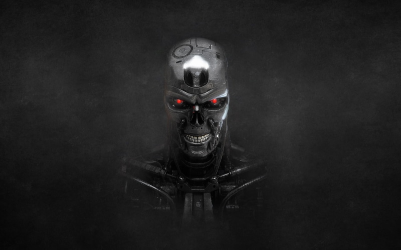 digital composite, no people, T-800, mask, Terminator, technology, toy, disguise, studio shot, wall - building feature, representation, black background