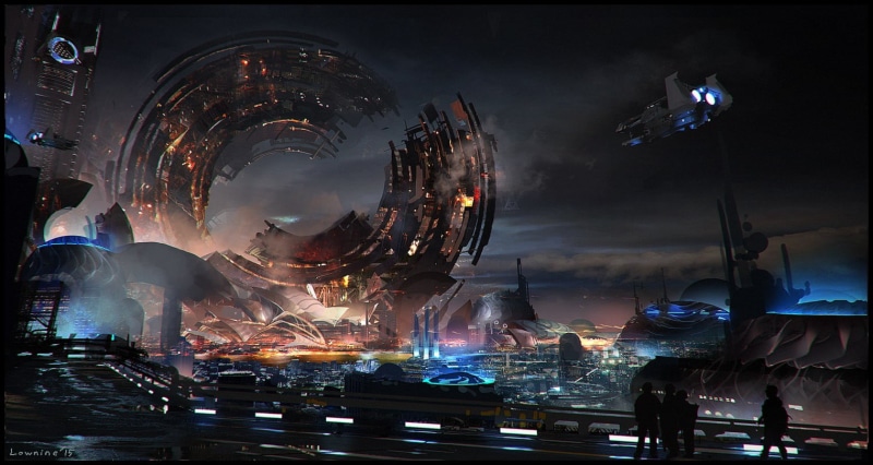 office building exterior, cityscape, science fiction, celebration, transportation, still, skyscraper, built structure, fantasy art, arts culture and entertainment