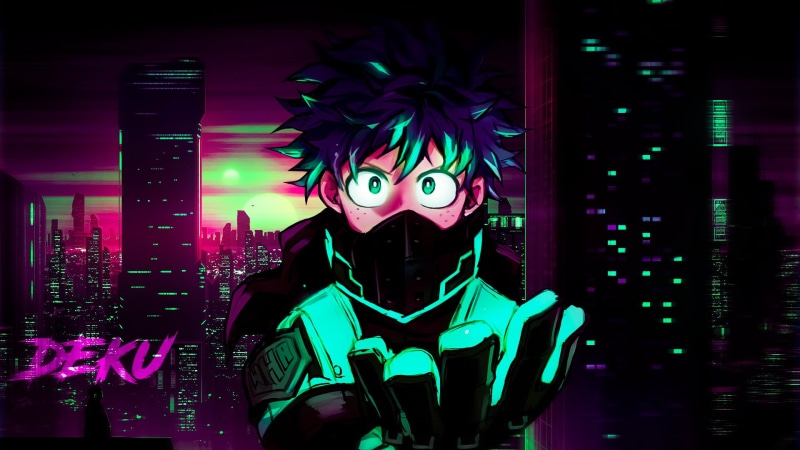 Izuku Midoriya, 1080P, Retro style, green jacket, Boku no Hero Academia, neon green, green eyes, green hair, Deku