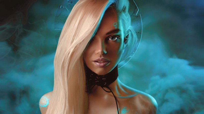 frontal view, 4K, science fiction, neon, closeup, fantasy girl, smoke, hair in face, blonde, fantasy art, face, portrait, artwork, fan art, people, long hair