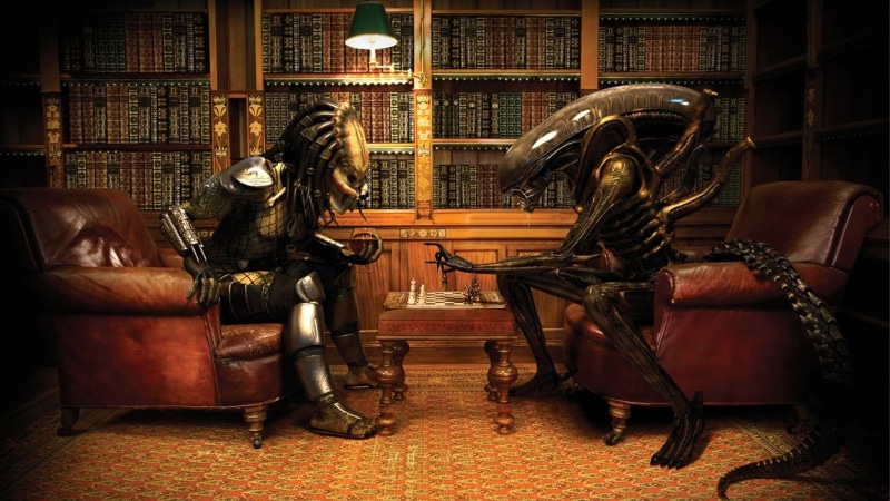 bookshelf, 1080P, sitting, female likeness, Alien vs. Predator, illustration, furniture, indoors, human representation, books, armchair, library, predator