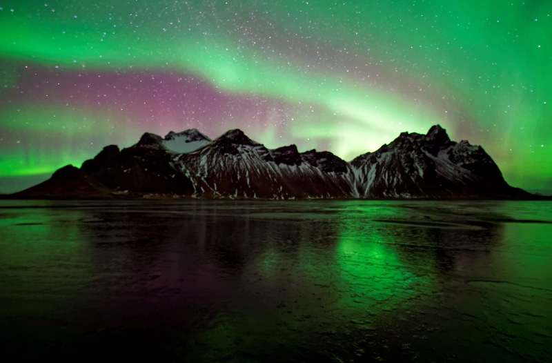 scenics - nature, majestic, nature, mountain, illuminated, sky, tranquil scene, star - space, idyllic, northernlights, vestrahorn, cosmic, reflection, 4K