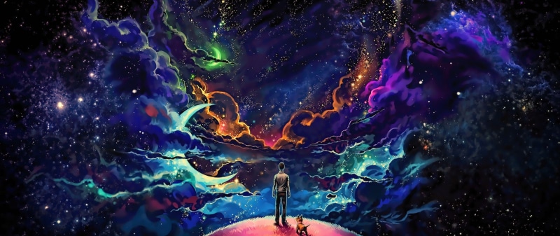 dog, psychedelic, Man behind the sun, space, colorful, space art, 2K