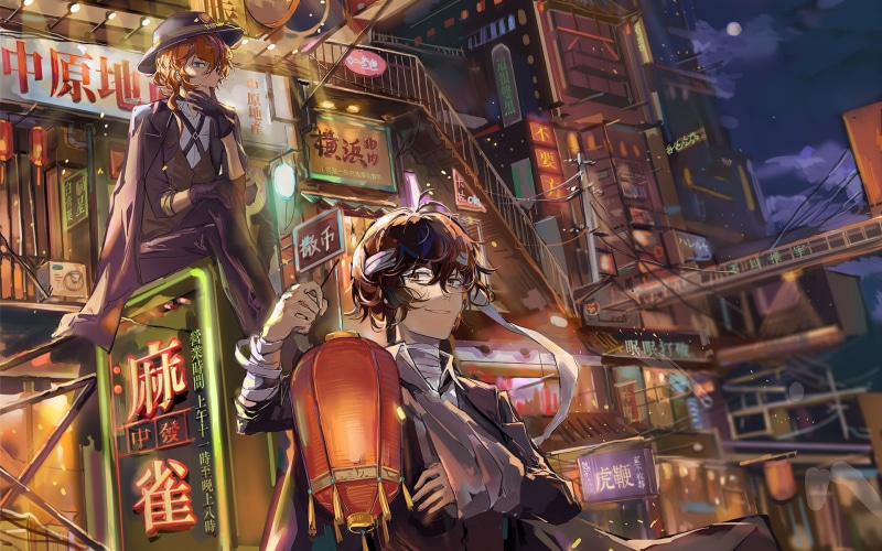 Bungou Stray Dogs, low angle view, human representation, text, communication, Chuuya Nakahara, men, real people, 1080P, lifestyles, built structure, night