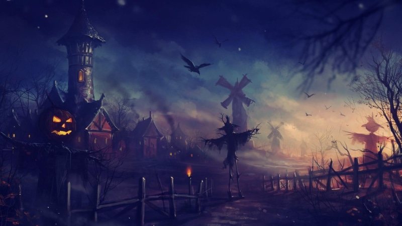 trees, scarecrow, pumpkin, celebration, scary, windmill, halloween, 1080P, fence, crows