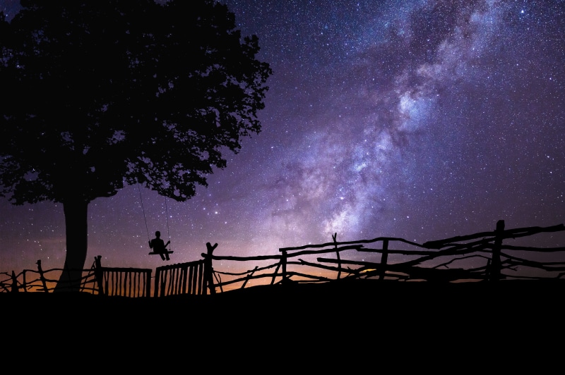 outdoors, nature, milky way, atmosphere, sunset, near, digital art, light, photo montage, dreams, tranquility, surreal, sky, mood, starry sky, image overlay