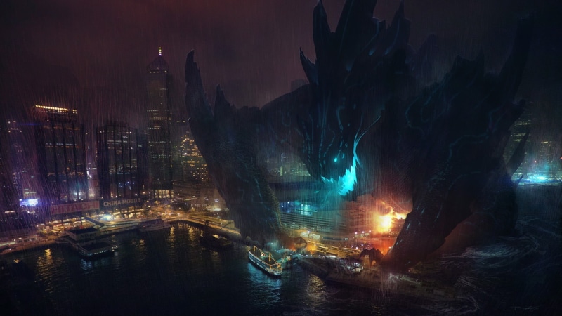reflection, built structure, kaiju, city life, building exterior, light, sky, building, monster, glowing, Bastien Grivet, skyscraper, illustration, nature