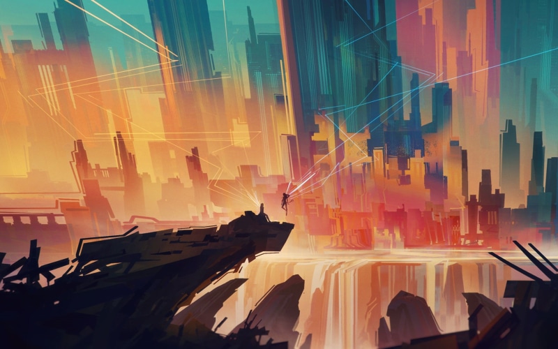 artist, cityscape, figure, angel, 1080P, Bastien Grivet, artwork, city, abstract, art, digital art
