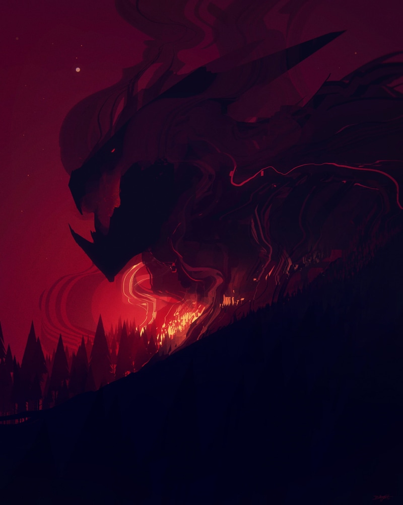 1080P, Bastien Grivet, digital art, smoke, demon, forest, fire