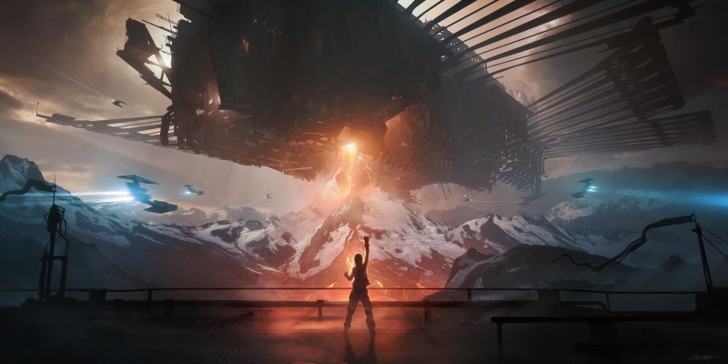 women, digital art, Bastien Grivet, 1080P, fantasy art, mountains, science fiction, robot