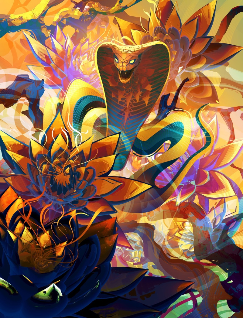 Bastien Grivet, illustration, lotus flowers, 1080P, cobra, snake