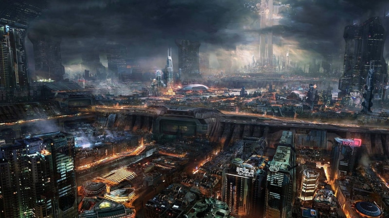 urban skyline, financial district, outdoors, 1080P, building exterior, futuristic city, night, street, high angle view, skyscraper, city life