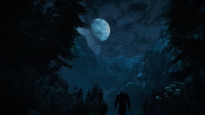 astronomy, tranquil scene, sky, fantasy art, moonlight, planetary moon, beauty in nature, plant, nature, outdoors, star - space, tree, video games, night
