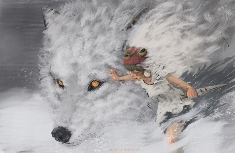 Mononoke, snow, women, Princess Mononoke, winter, snowing, Anato Finnstark, anime, fantasy art, anime girls, fan art, weapon, drawing, digital painting