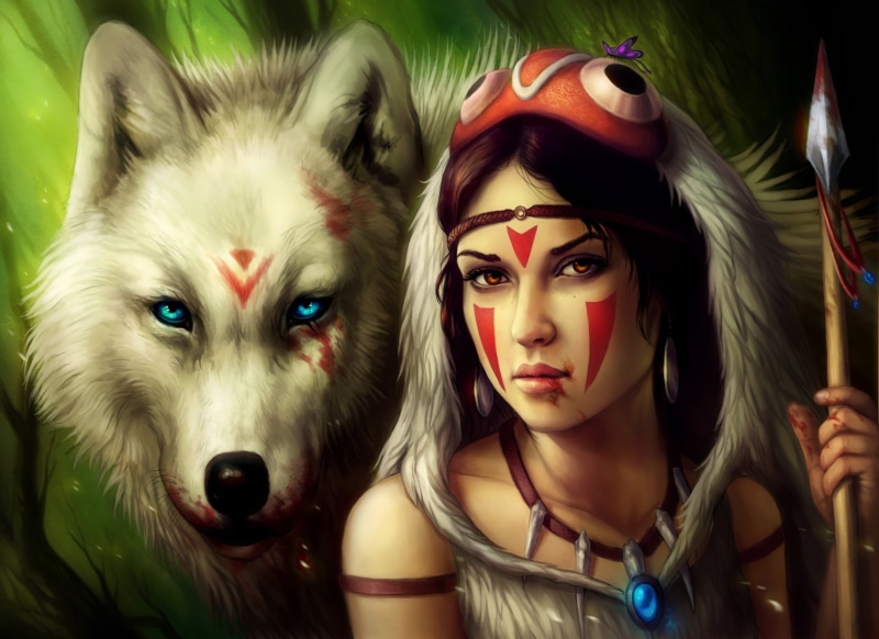 front view, looking at camera, wolf, hair, young women, leisure activity, beautiful woman, Princess Mononoke, indoors, headshot, beauty, real people, artwork