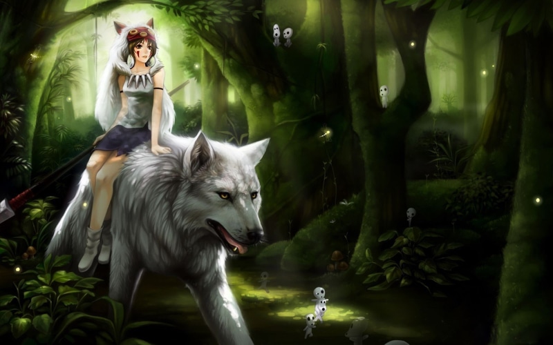 forest, anime, brunette, short hair, Studio Ghibli, anime girls, wolf, Princess Mononoke, 1080P