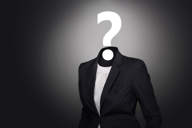 obscured face, indoors, woman, gray, decision, question, education, contemplation, menswear, standing, background, adult, well-dressed, solution, answers