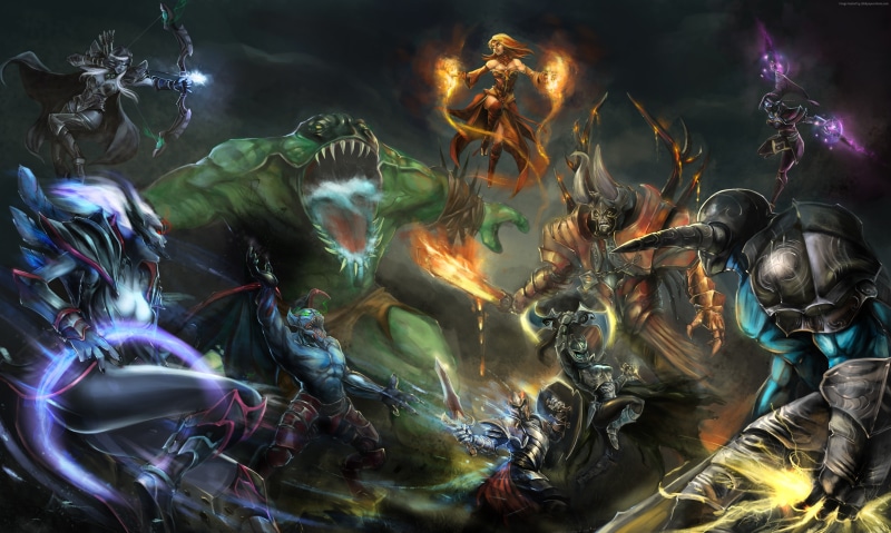 Tiny, TideHunter, Crystal Maiden, Faceless Void, Sven, Dota 2, characters, Juggernaut, game, Viper, battle, monster, fire, art, fan art, Lina, Lightning