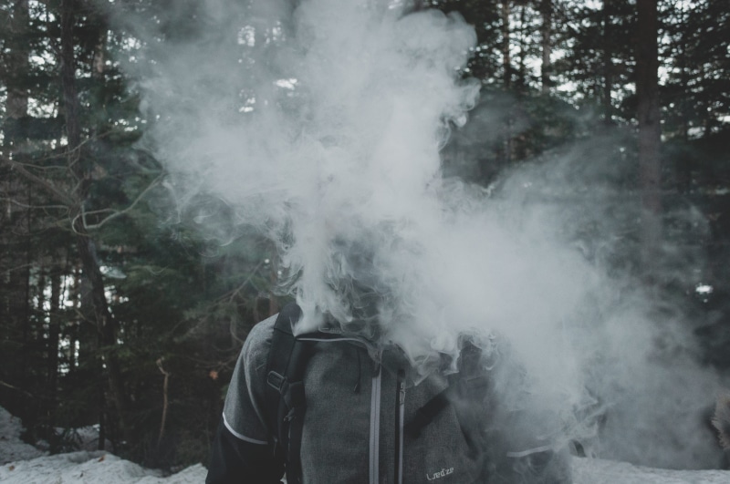 winter, one person, land, faceless, pollution, warm clothing, standing, forest, moody, wander, nature, smoke - physical structure, smoke, vaping, aesthetics