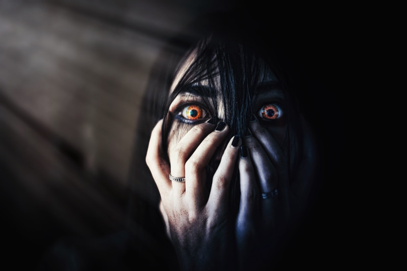 closeup, black background, hiding, 4K, terrified, spooky, hand, dark, horror, eye, portrait, woman, one person, scary, faceless, human body part, evil