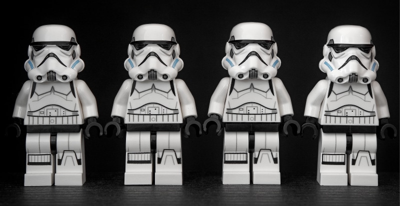 uniform, art and craft, oppression, emotion, identical, minifig, male likeness, four, minifigure, trooper, helmet, military, armour, arrangement, 5K, armor