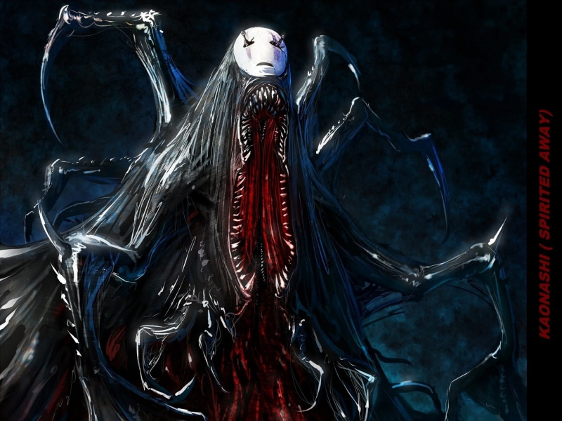 faceless, mouth, Spirited Away, fear, kaonashi, blood, teeth, 1080P, horror, mask, monster, the tentacles