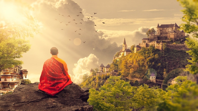 robe, belief, people, tree, environment, panorama, architecture, spirituality, the past, adult, nature, orange color, history, rock, zen-like, travel, buddhism