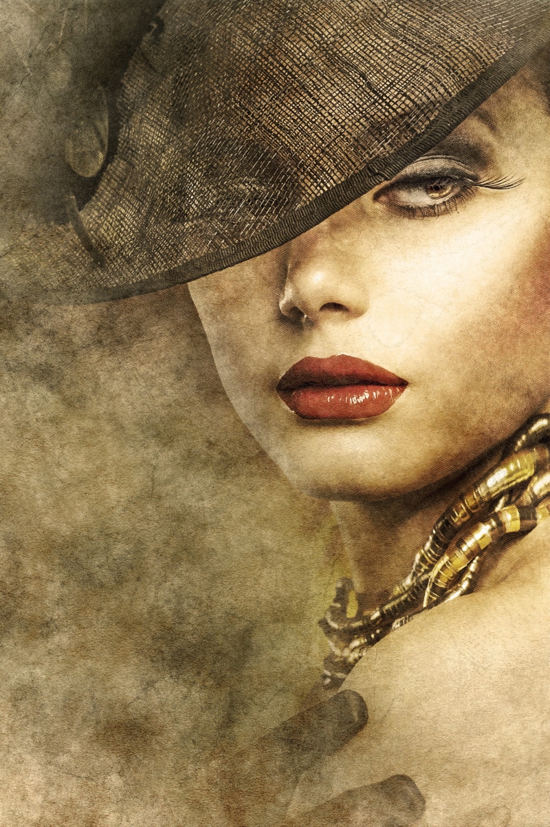 wearing, portrait, body part, makeup, person, painting, veil, 2K, human face, hat, jewelry, young adult, lipstick, face, caucasian, beautiful, contemplation