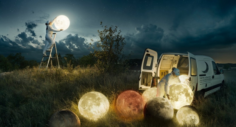 surreal, environment, field, workers, nature, land, scenics - nature, dusk, spooky, full moon, sky, photo manipulation, evening, Moon, digital composite