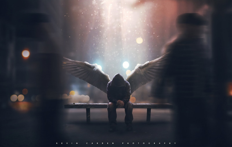 alone, surreal, 4K, loneliness, sad, fantasy art, Photoshop, angels wings, photography, concept art, angel wings, angel, urban, city lights, hoods, artwork