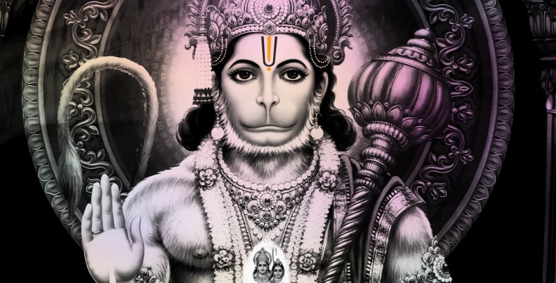 creativity, headshot, representation, adult, indoors, one person, hanuman, black background, waist up, devotional, portrait, illustration, 1080P, hindu