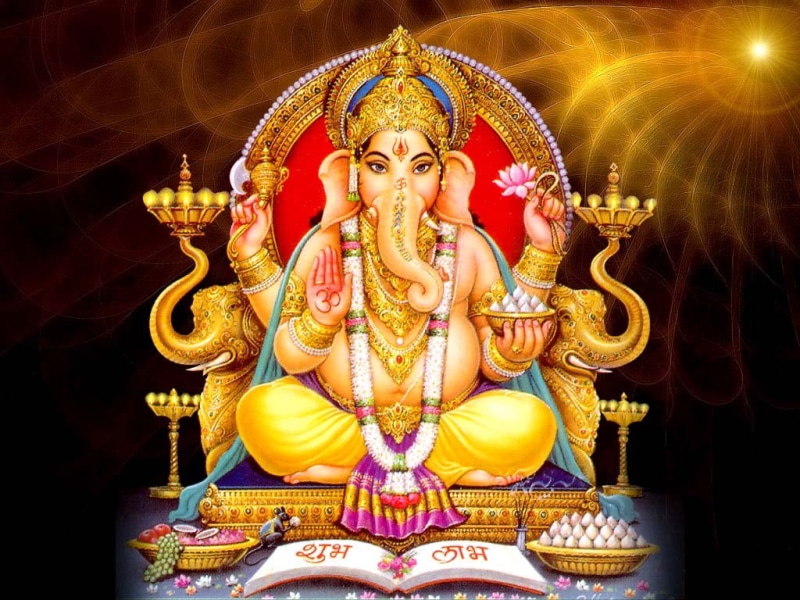 architecture, art and craft, statue, male likeness, gold colored, 480P, black background, God, place of worship, sculpture, building, ganesha, no people