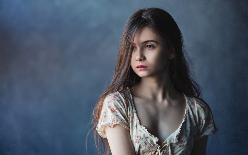 young women, brown hair, contemplation, hairstyle, 1080P, indoors, studio shot, long hair, standing, looking, looking at camera, portrait, beauty, teenager