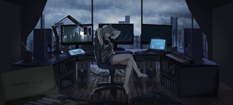 1080P, Original, Computer, Anime, Girl, Headphones, Rain