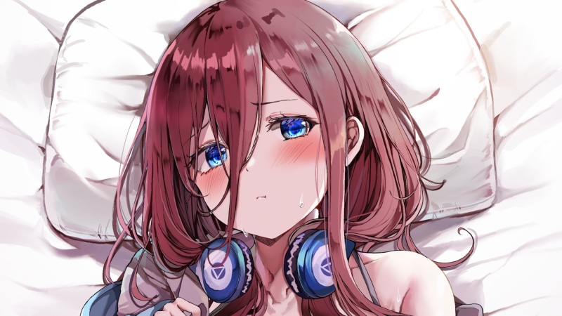 anime girls, Miku, headphones, 1080P, pillow, Nakano
