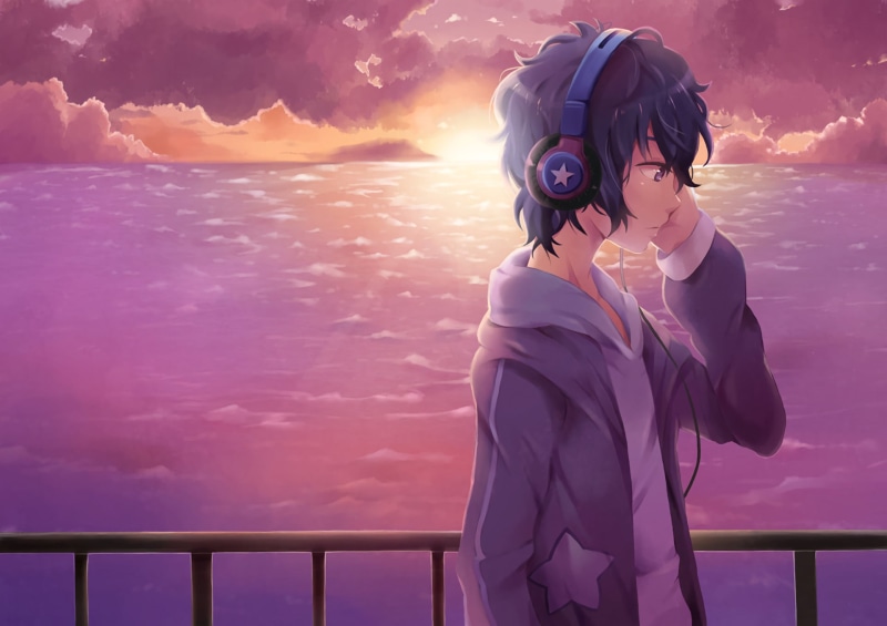 Boy, standing, cloud - sky, Anime, lifestyles, adult, clothing, women, Headphones, railing, Original (Anime), one person, sea, Original, three quarter length
