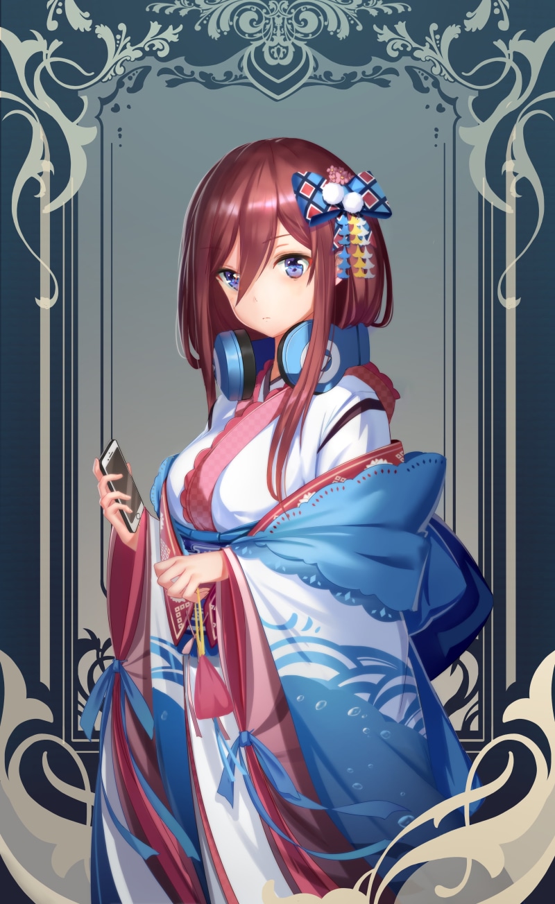 headphones, kimono, anime girls, Miku, Nakano, anime, 4K, blue eyes