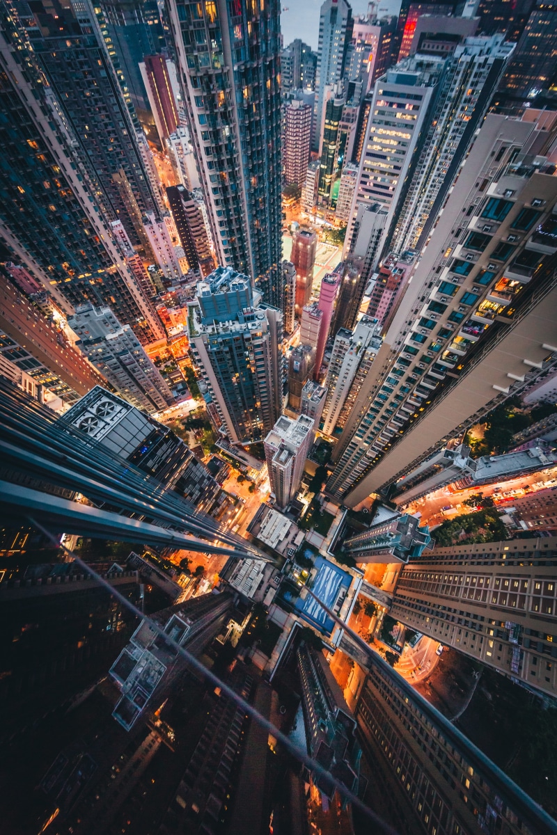 building exterior, building, colorful, tall - high, blue hour, road, glow, 5K, hong kong, height, crowd, street, rooftop, view, tower, modern, night, apartment
