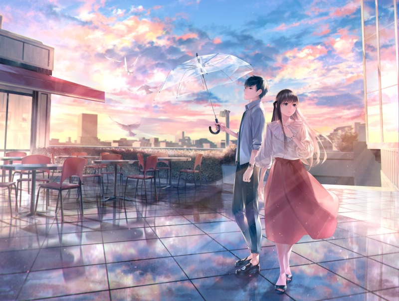 transparent umbrella, 720P, anime couple, Anime, romance, clouds, rooftop