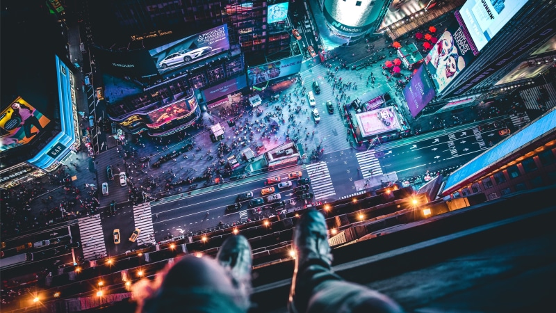 USA, building, traffic, 5K, aerial view, rooftopping, lights, legs hanging, cityscape, Times Square, urban, New York City, legs