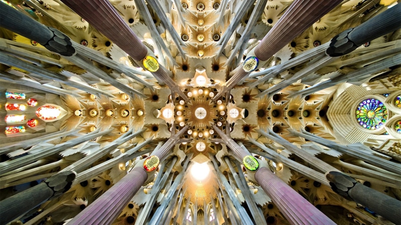 window, cathedral, worms eye view, 1080P, pillar, Barcelona, mosaic, interior, arch, Sagrada Familia, Spain, rooftops, symmetry, architecture