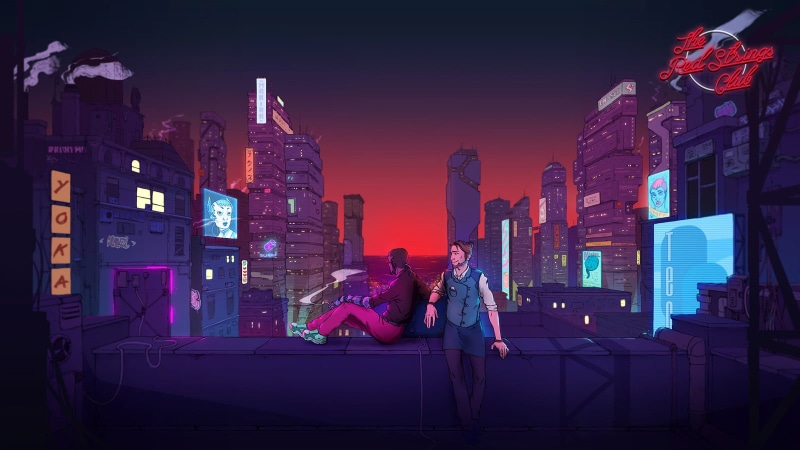 720P, video game art, cityscape, neon, rooftops, Deconstructeam, The red strings club, cyberpunk, video game characters, skyscraper