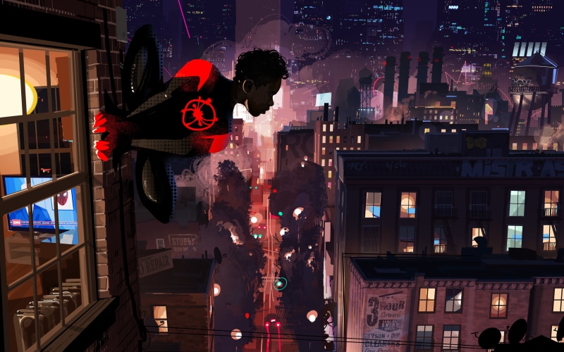 Spider-Man: Into the Spider-Verse, building, Spider-Man, rooftops, Miles Morales, Patrick OKeefe, fan art, city, night, 2K