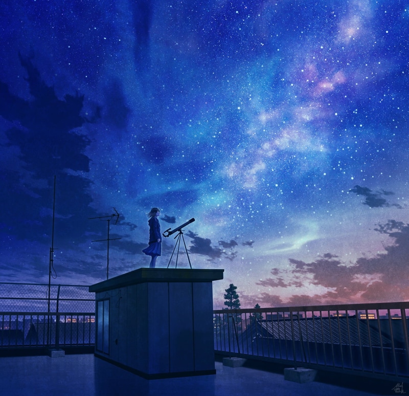 720P, night sky, stars, rooftops, sky, anime
