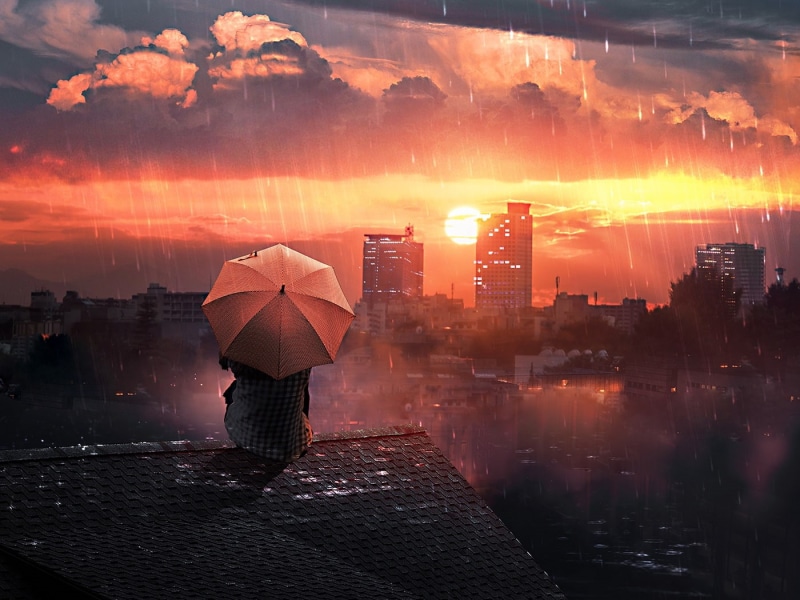 720P, city, women, rain, artwork, rooftops, umbrella
