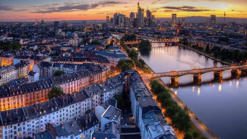 hills, illuminated, evening, black, reflection, cityscape, outdoors, high angle view, buildings, sky, Frankfurt, rooftops, bridge - man made structure