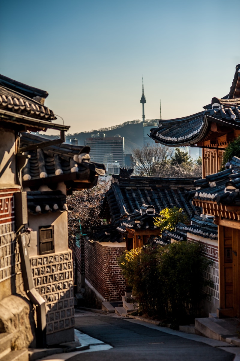 water, travel, roof tile, nature, day, clear sky, south korea, bukchon hanok village, sky, 4K, no people, sea, roof, outdoors, place of worship, building