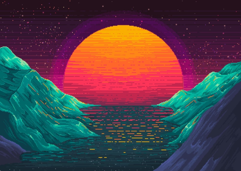 pixel art, sunset, neon, digital art, 1080P