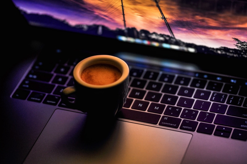 wireless technology, computer keyboard, mug, connection, 4K, computer equipment, computer, drink, trackpad, working, evening, creative, sky, beverage